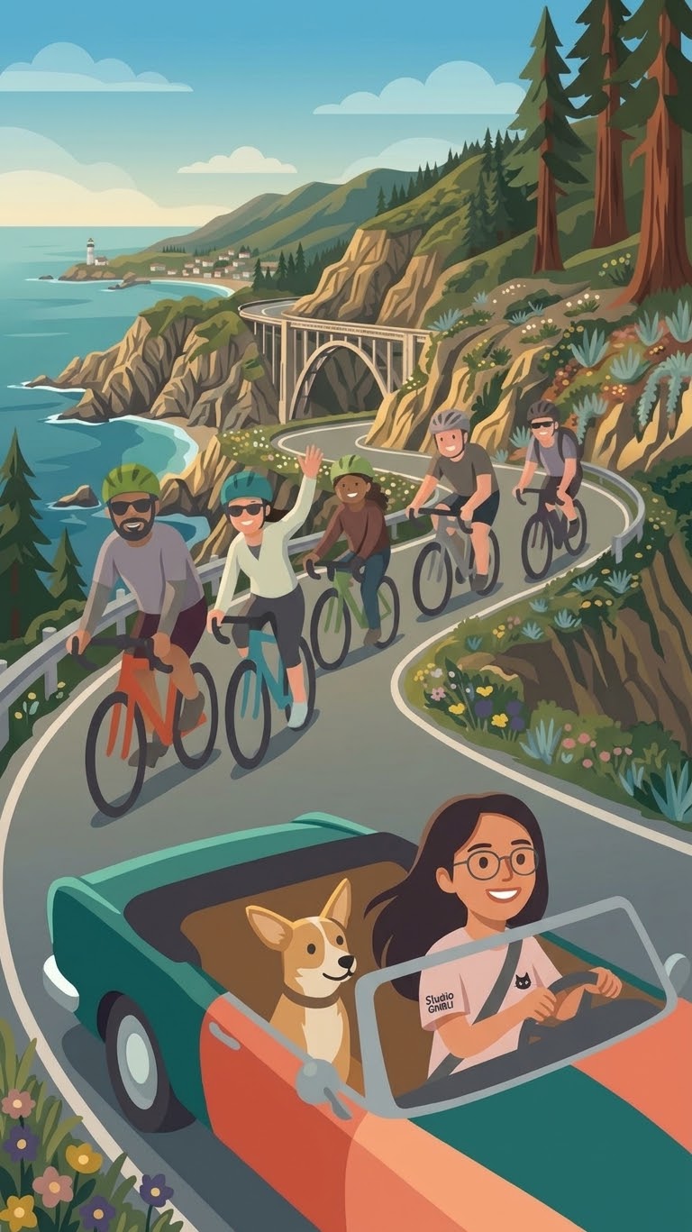 Five cyclists, a support driver and a dog traveling along the Big Sur coast